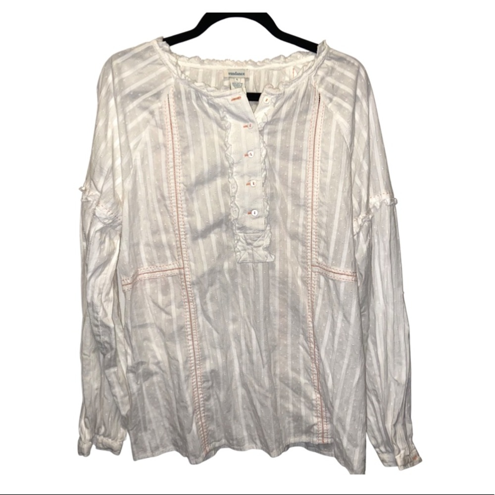 Sundance white long sleeve half button front embroidered blouse sz Large